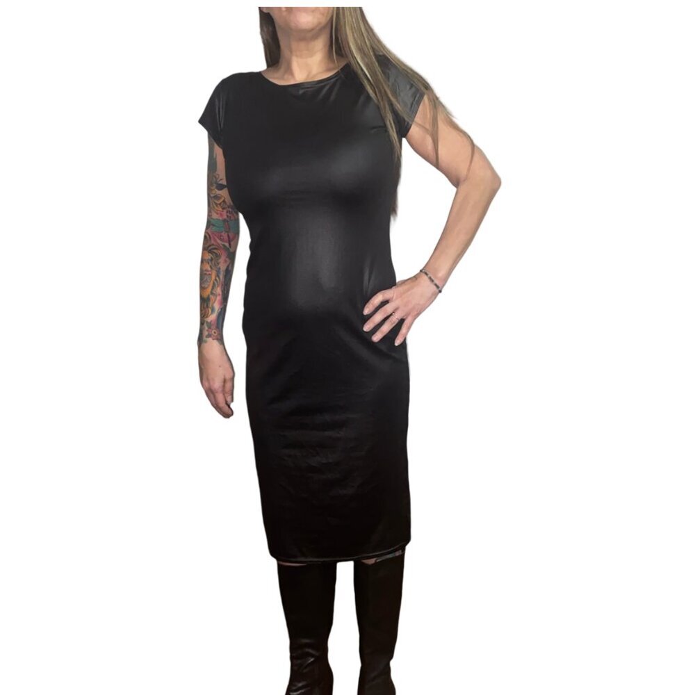 Sz.M/L*Black Shiny Wet-Look Faux Leather Long Dress